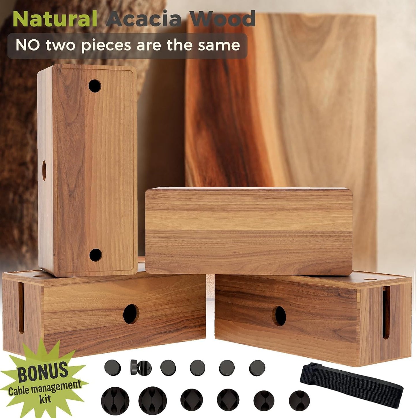 Large Cable Management Box Acacia Wood Cord Organizer Power Strip & Cables | Acacia Wood Cable Hider; Large Electrical Cord Storage; Hide TV Wires & Power Strips; Rustic Style; Home Office & Living Room
