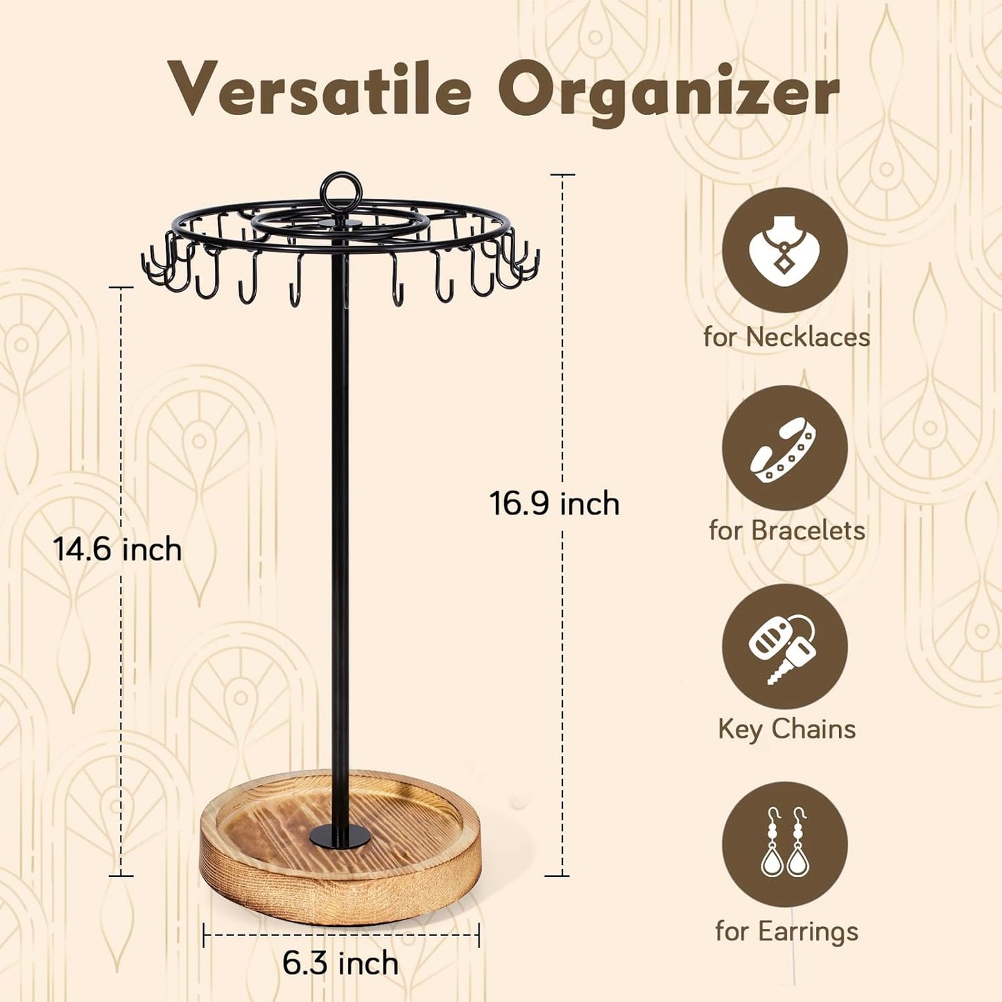 Rotating Necklace Holder, Necklace Organizer Tree Stand with 24 Hooks, Jewelry Necklace Display Stand, Wooden & Metal, Tall Spinning for Vendors Retail, Gift for Mother Women, Vintage Black