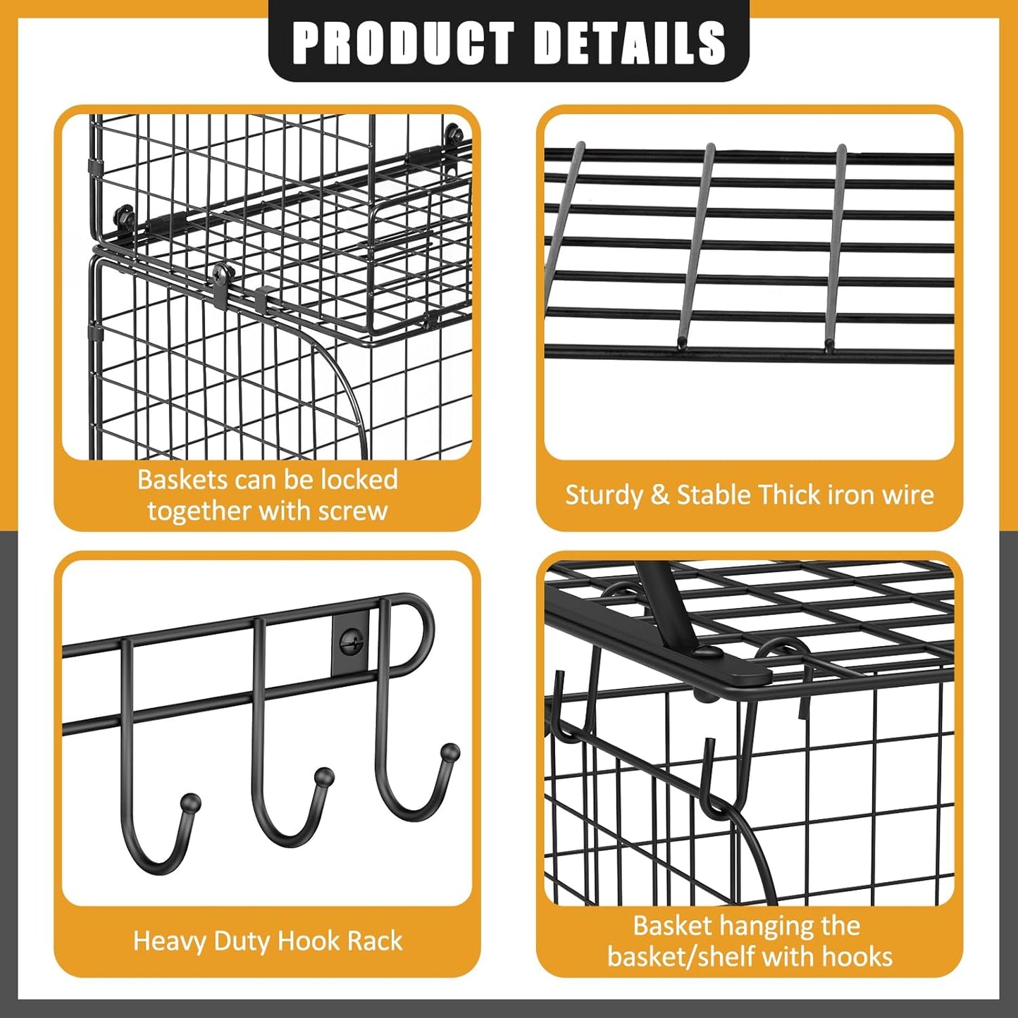 ThreeHio 2 Pack Garage Shelves Wall Mounted with Wire Baskets, Heavy Duty Garage Wall Shelving with Hooks, Wire Shelf Baskets Tool Organizer for Home Garden Garage Organization and Storage