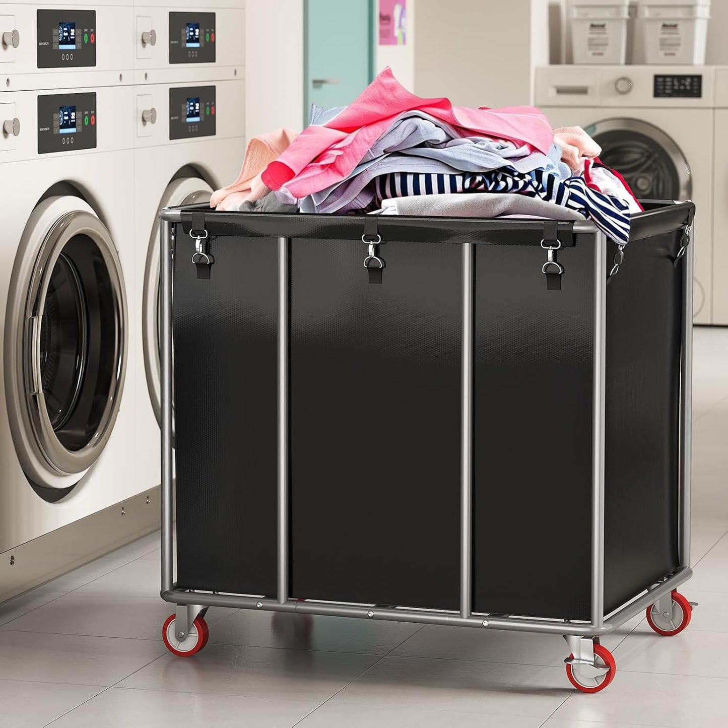 ELYKEN Commercial Laundry Cart with Wheels, 420L Heavy Duty Rolling Laundry Hamper, Large Laundry Basket with Removable Waterproof Liner Bag, Sturdy Steel Frame, 400 lbs Capacity, Black