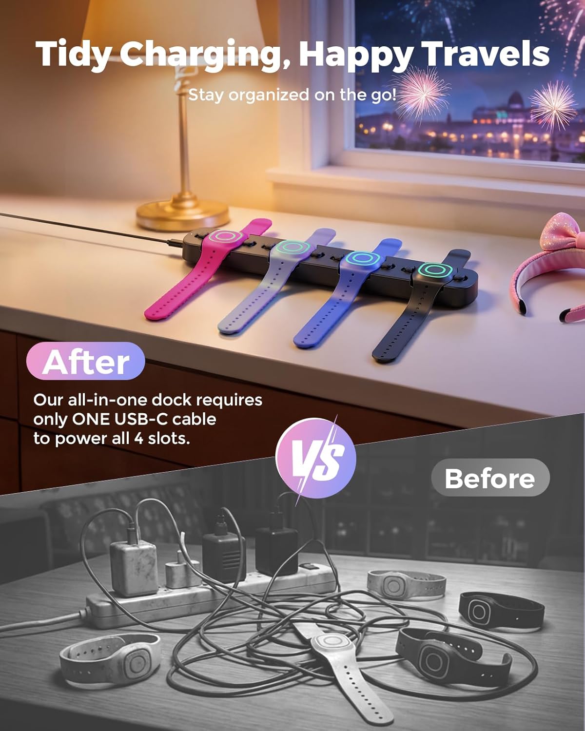 Doohoeek Charging Station for MagicBand+ Plus Magic Band, 4-in-1 Charger Portable for Disneyland MagicBand Plus, 90 Min Full Charging Dock for Magic Band+ Disney-World Family (Black, 4-Slot)