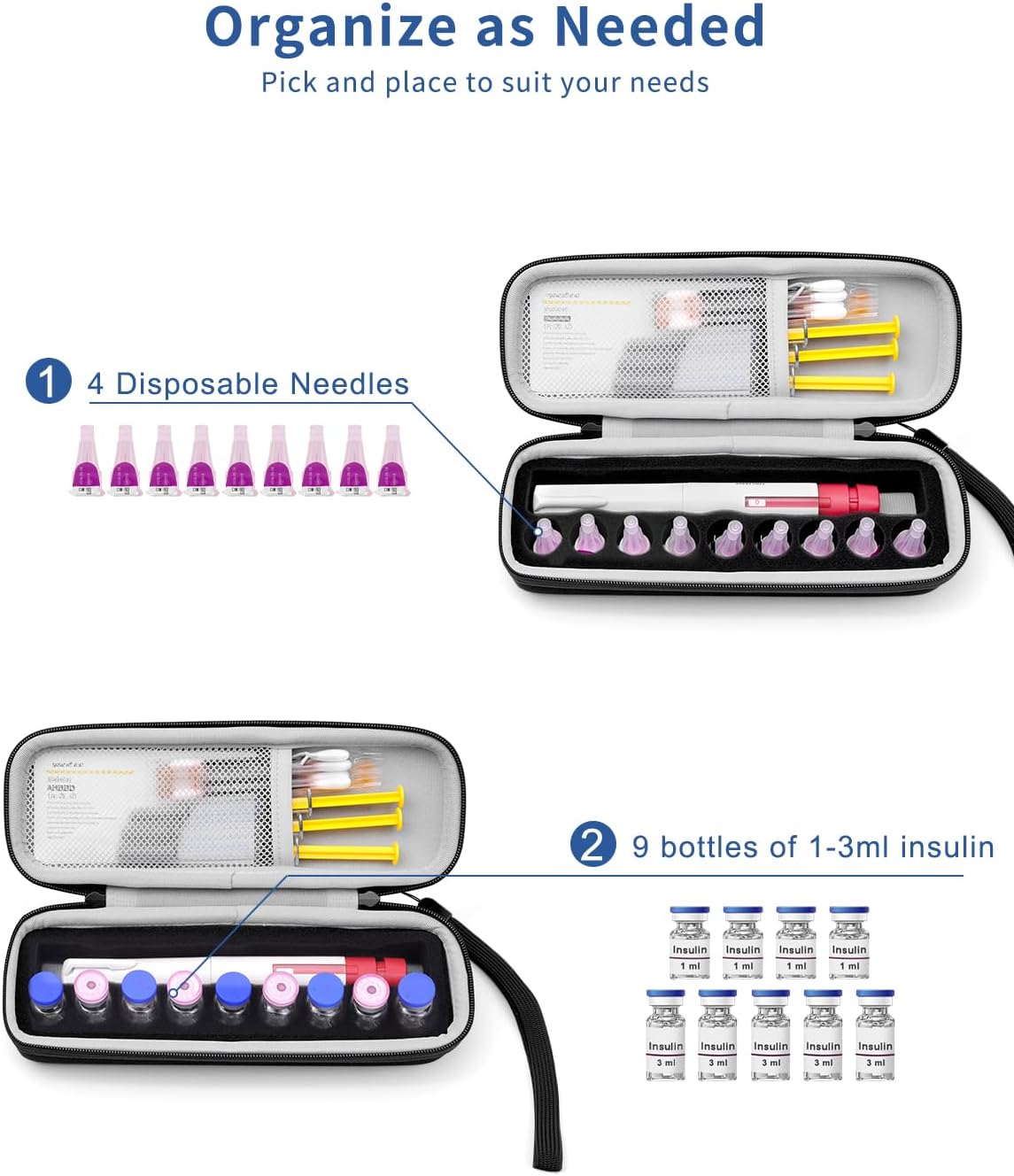 Krypthos Diabetic Supplies Travel Carrying Case, Daily Use Insulin Pen Holder Case for Insulin Vials, Insulin Pens, and Needle Storage