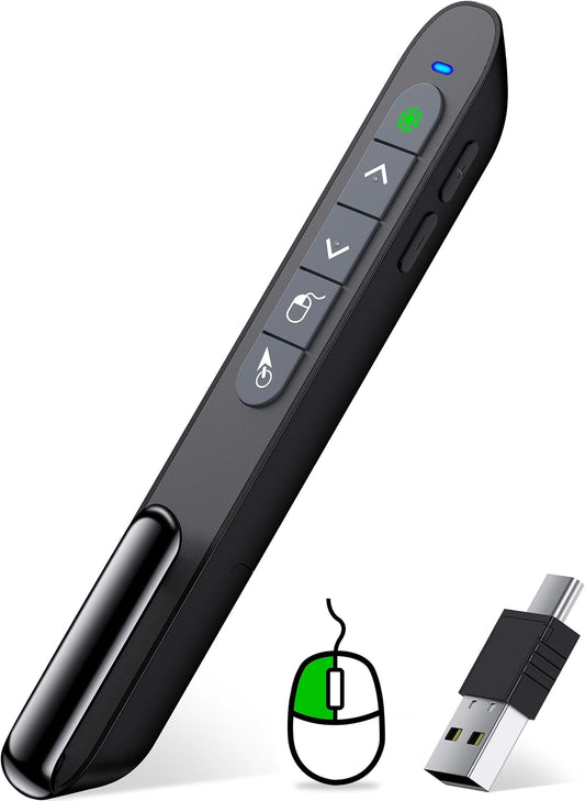 Green Light Wireless Presentation Clicker with Air Mouse, 2.4GHz Rechargeable USB-A/USB-C PowerPoint Clicker Slide Advancer, Presenter for PC, Mac, Computer