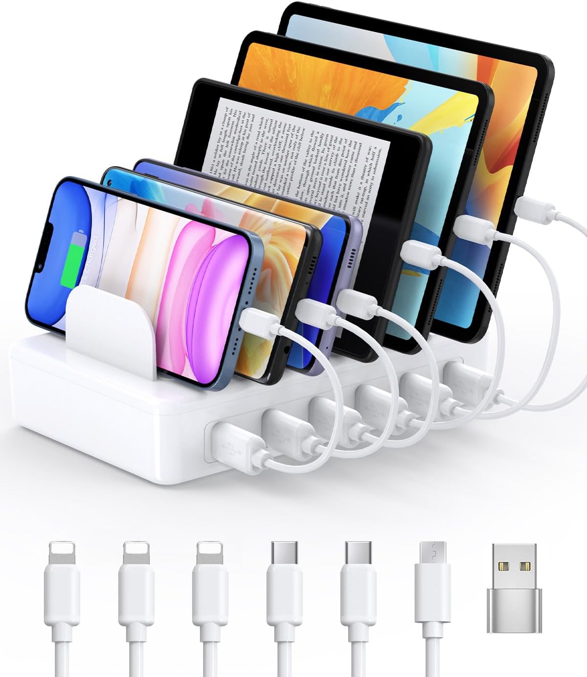 50W Charging Station for Multiple Devices, 6 Port Multi USB Charger Station | with 6 Cables,1 USB-A to USB-C Adapter Converter, Compatible with iPhone,iPad Kindle Tablet and Other Electronic（White)