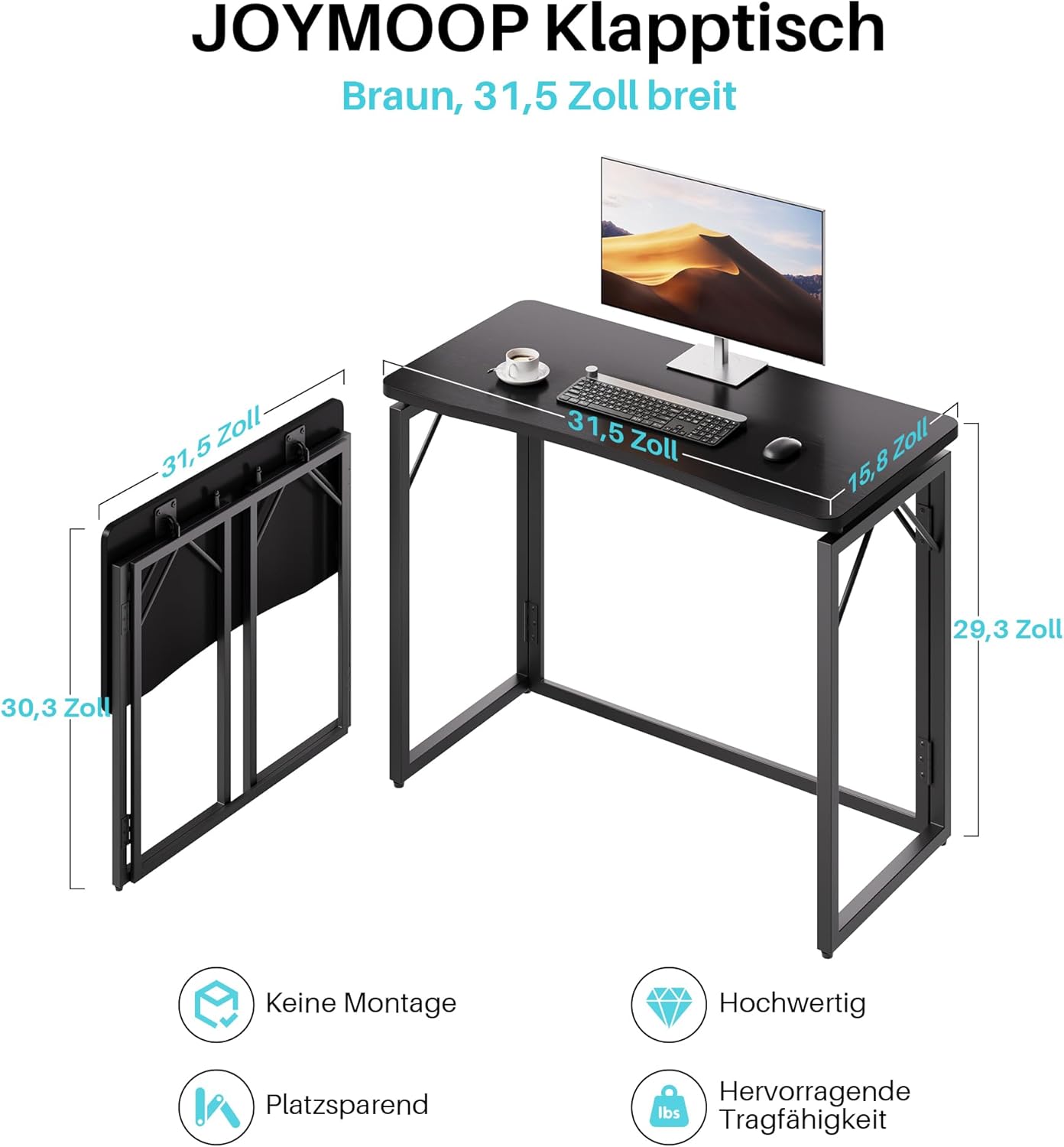 JOYMOOP Black 31.5" Folding Desk, No Assembly Small Foldable Desk for Home, Office, Wooden Top Folding Computer Desk for Working, Writing, Studying