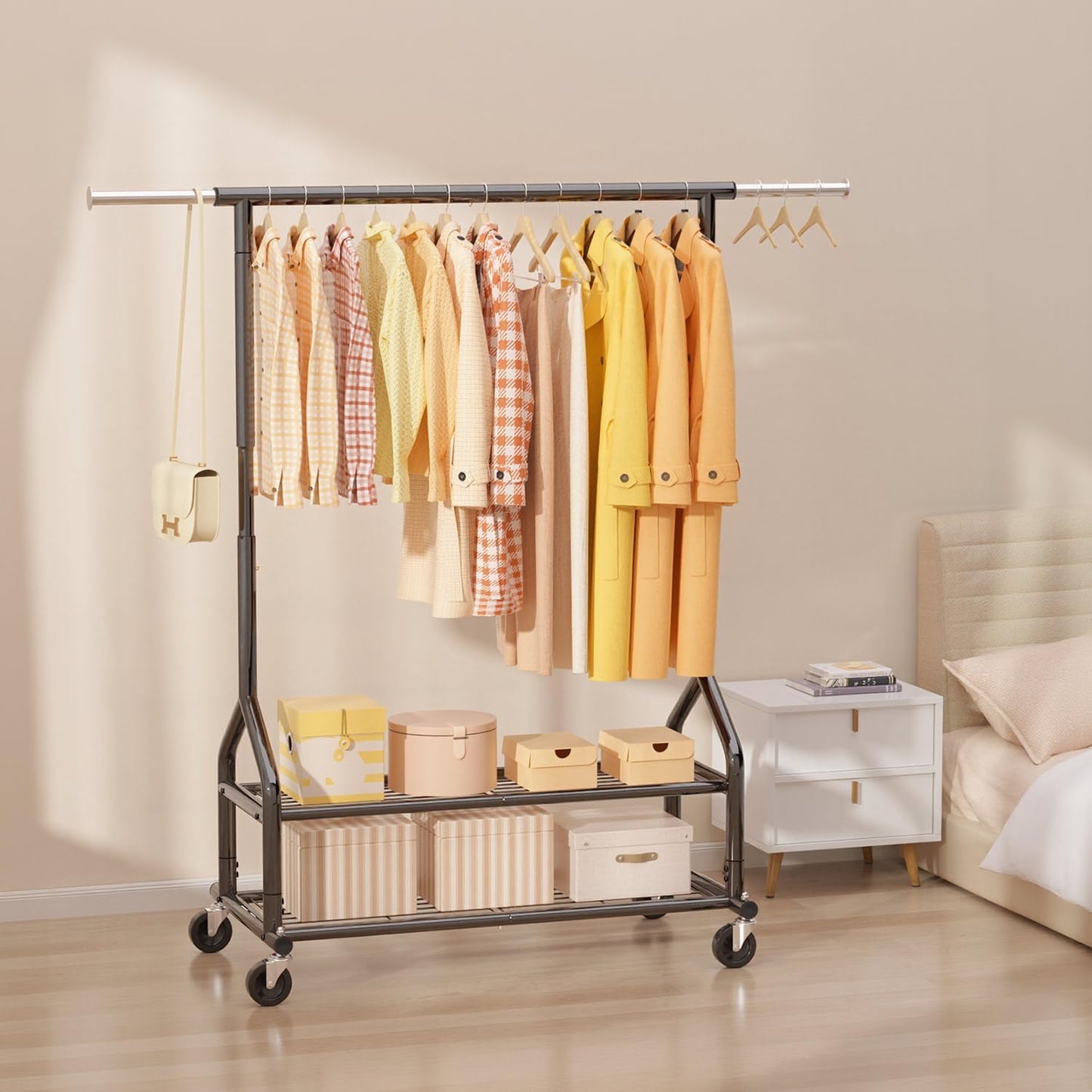 EAGMAK Heavy Duty Clothes Rack Load 556 LBS, Rolling Clothing Rack With Shelves, Height Adjustable Metal Clothes Hanger with Wheels Portable Wardrobe Organizer Garment Rod for Hanging Clothes (Black)