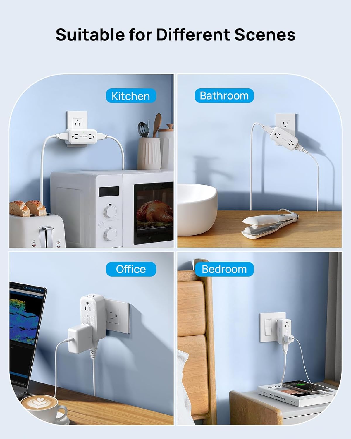TROND Surge Protector Outlet Extender with 360 Rotating Plug, 4 AC Plug Adapter, 900 Joules Surge Protection, A Small Charging Station, 3-Sided Outlet Splitter for Home Office Travel Dorm, White