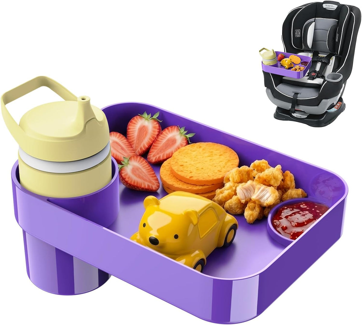 [Pink+Blue] Car Seat Snack Tray for Toddlers - 3 Inch Cup Holder Fits Most Sippy Cups & Straw Bottles with Dip Well, Mess-Free Square Kids Travel Tray Road Trip Essentials, Blue & Pink