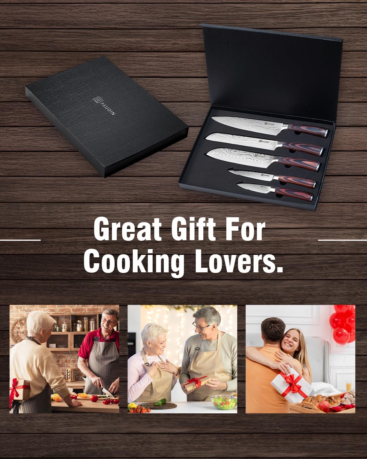 PAUDIN Knife Set, 5PCS Kitchen Knife Set without Block, Stainless Steel Chef Knife Set with Pakkawood Handle, Professional Kitchen Gift Sets for Cooking Lovers & Farther's Day