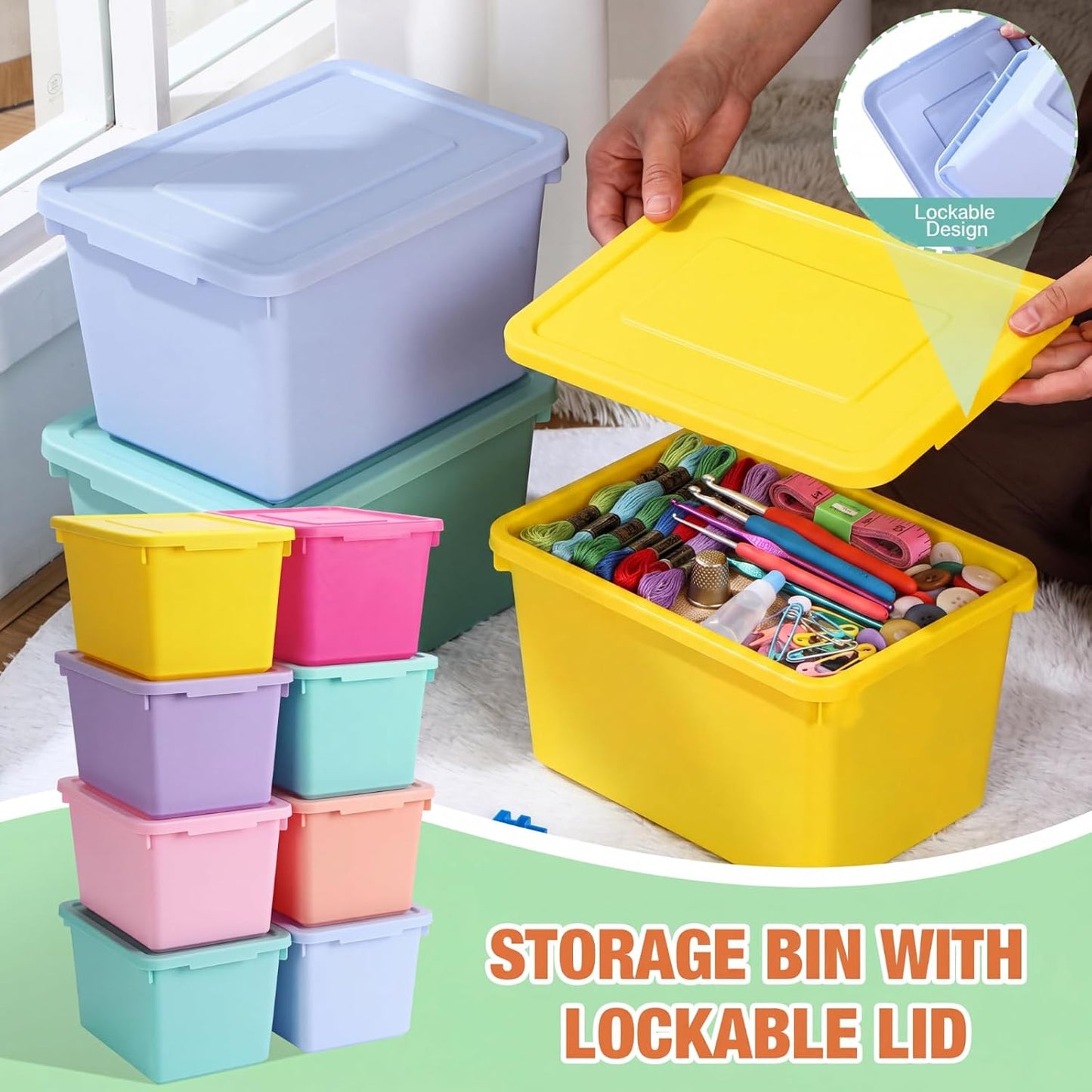 Potchen 8 Pack Small Stackable Storage Bins with Lids Plastic Storage Boxes for Classroom 9.8" ×7.3" ×5.7" Decorative Organizer Bins for Craft Art Office Teacher Supplies (Mixed Color)