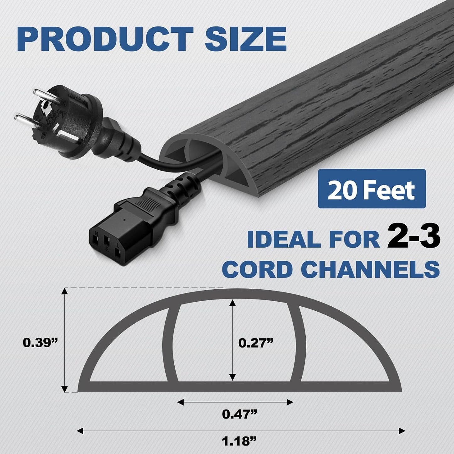 Floor Cord Cover for Wires on Floor Self Adhesive Cord Hider | Floor Cable Cover Floor Wire Covers for Cords Prevent Cable Trips, Cord Cavity W 0.47" x H 0.27", Deep Gray Wood, 20Ft