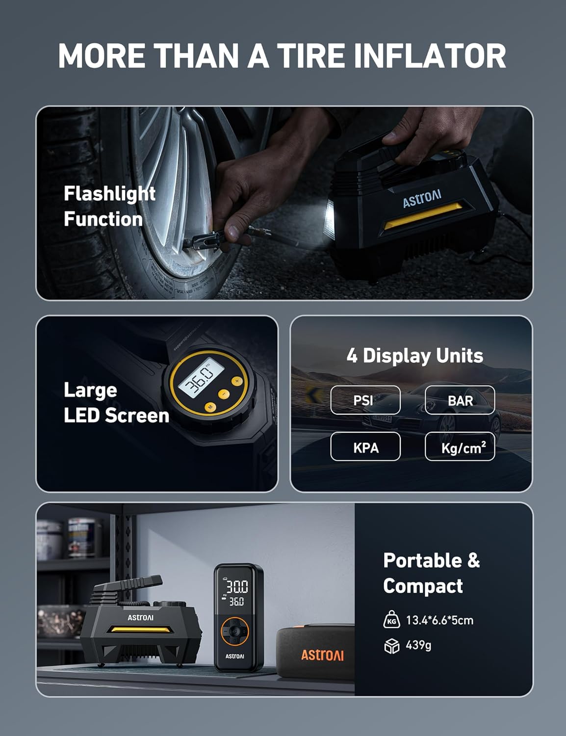 AstroAI AIRUN H Tire Inflator Portable Air Compressor,Fast Inflation Electric Air Pump for Car Tires-Car Accessories,9.8Ft Cord-12VDC-Powered Auto Shut-Off with Digital Pressure Gauge,LED Light,Yellow