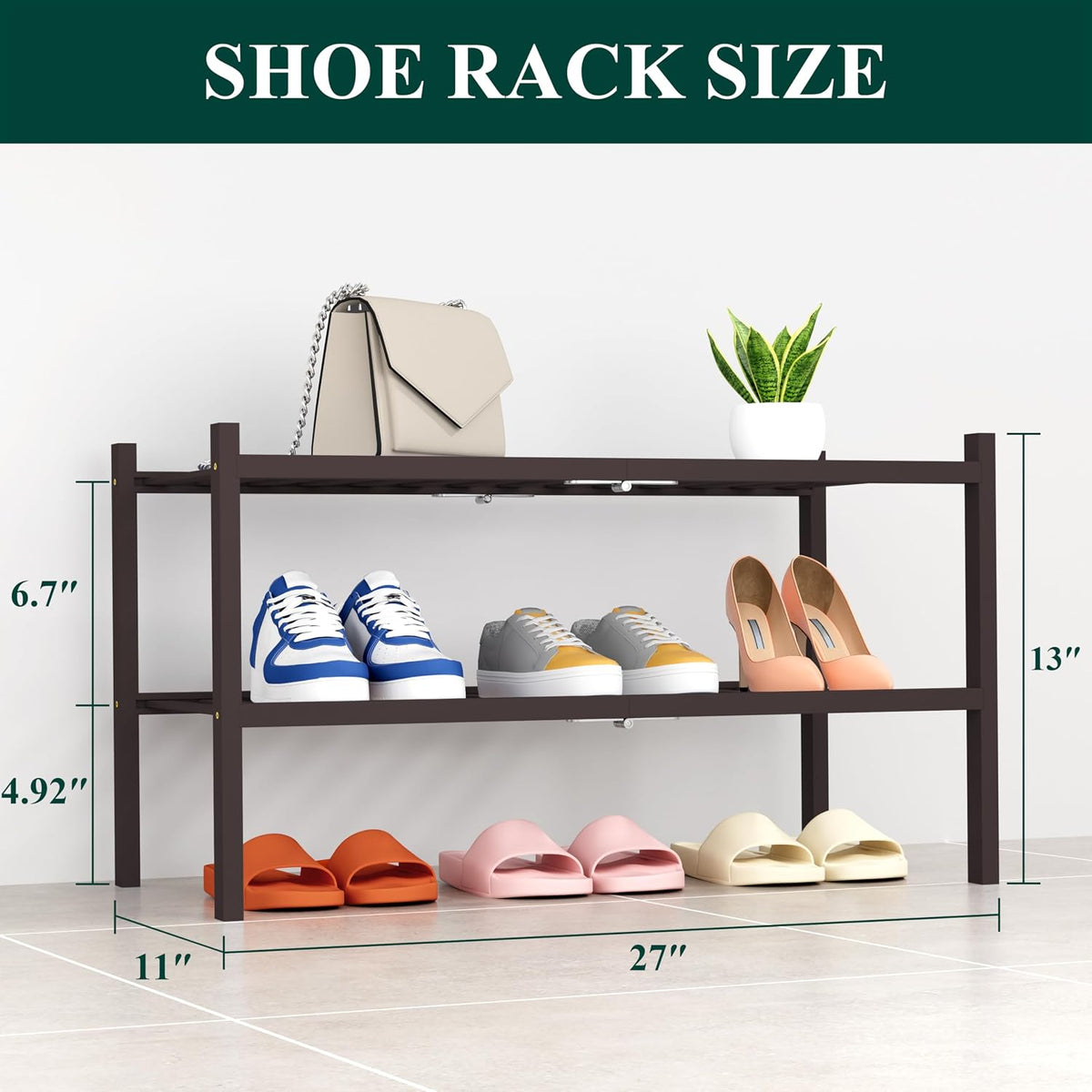 Smiry Bamboo Shoe Rack, 14 Vertical Slats, 2 Tier - 26.8" Wide, Brown