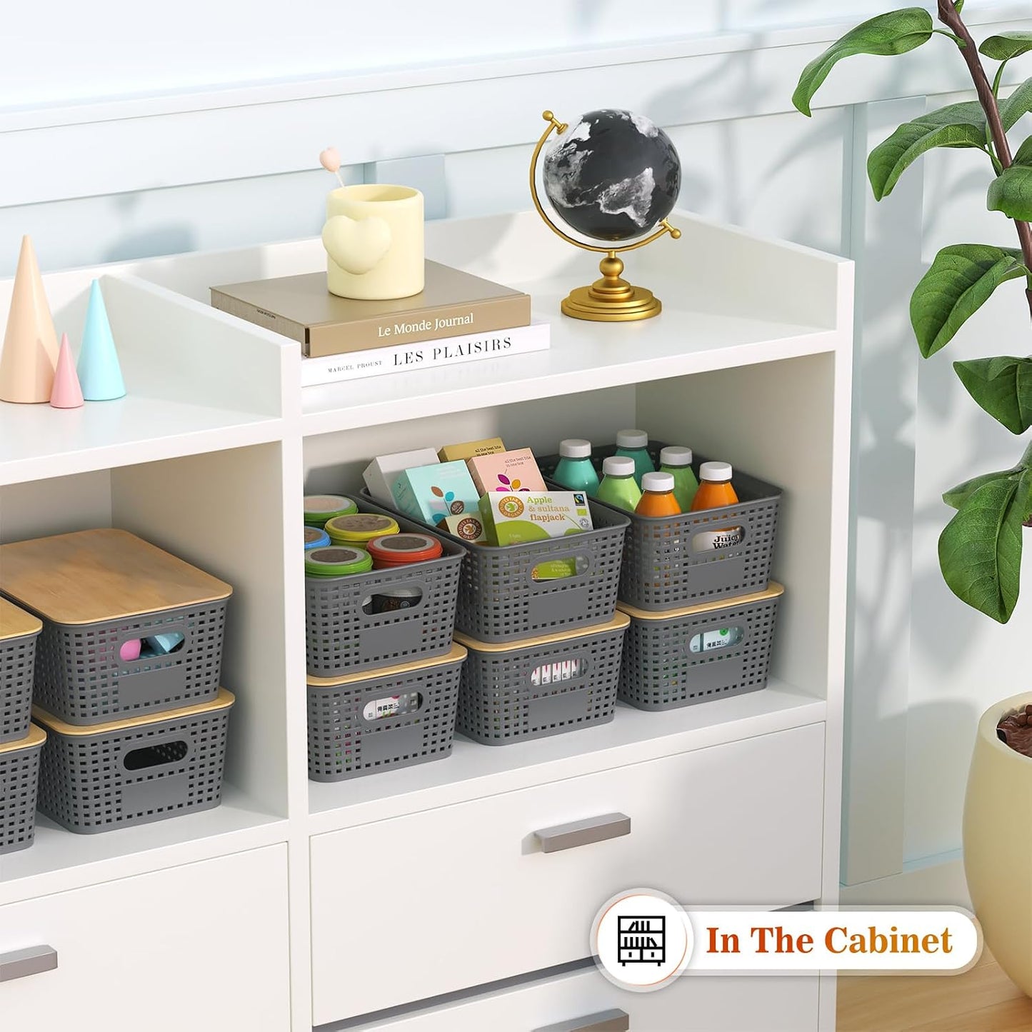 Ohmlove 6 Pack Plastic Storage Baskets with Bamboo Lids for Organization