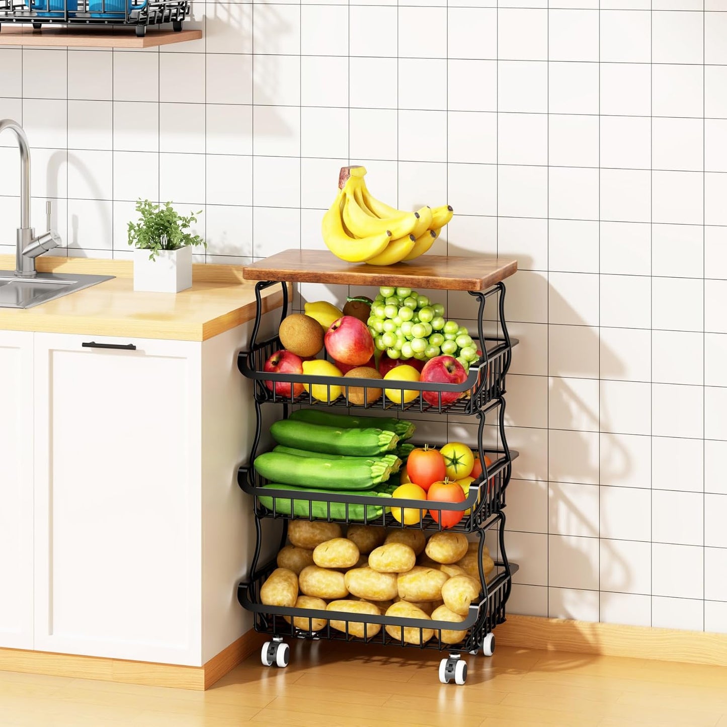 5 Tier Vegetable Fruit Basket for Kitchen, Stackable Metal Fruit and Vegetable Storage Baskets with Rolling Wheels Cart, Pantry organizers and storage for Kitchen Bathroom Livingroom Laundry room Cart