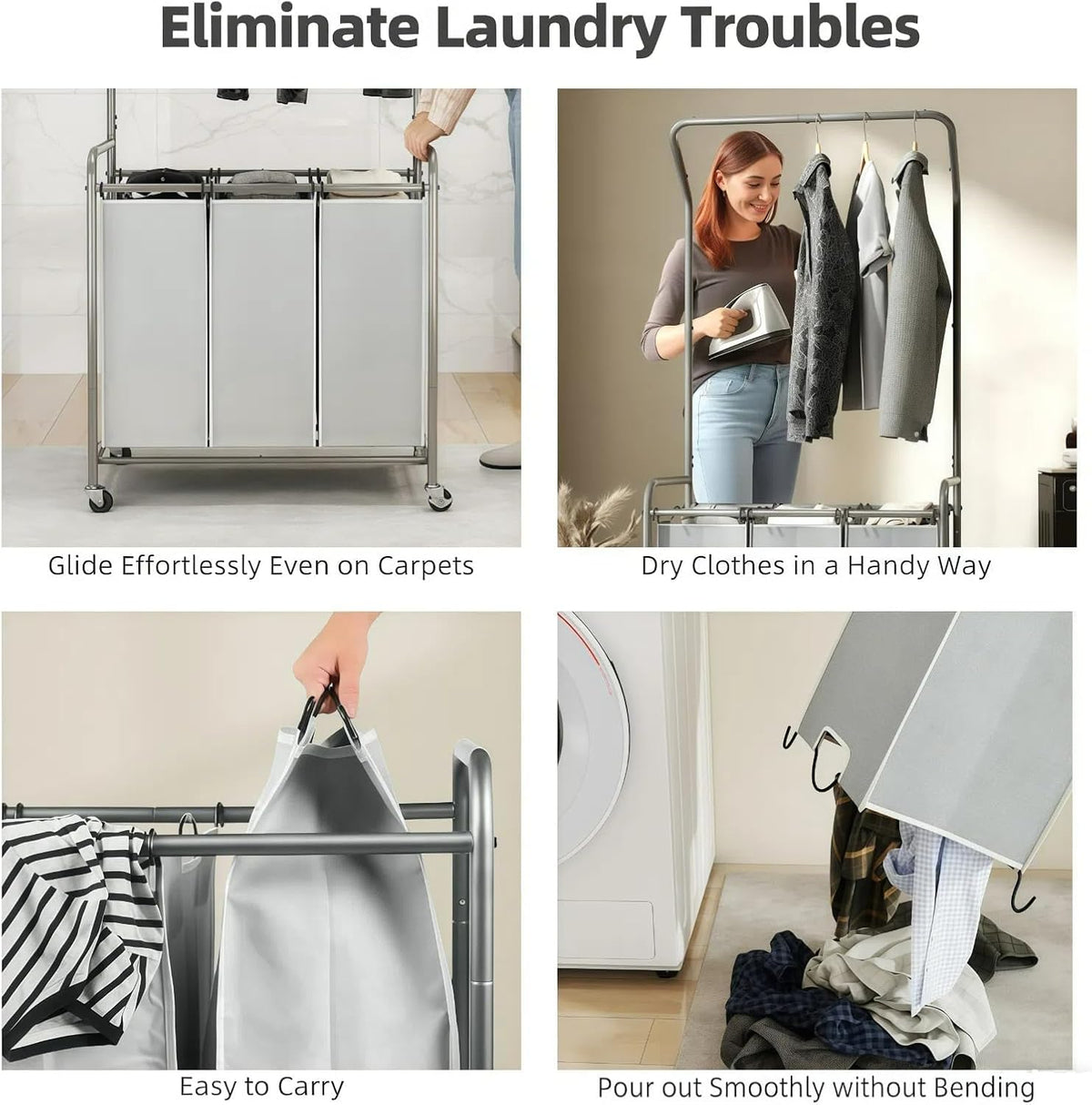 ROMOON Laundry Sorter Hamper with Hanging Bar, 3 Section Rolling Laundry Cart with Clothes Rack & Heavy-Duty Lockable Wheels, Divided Laundry Basket Organizer for Apartment & Small Spaces (135L Grey)