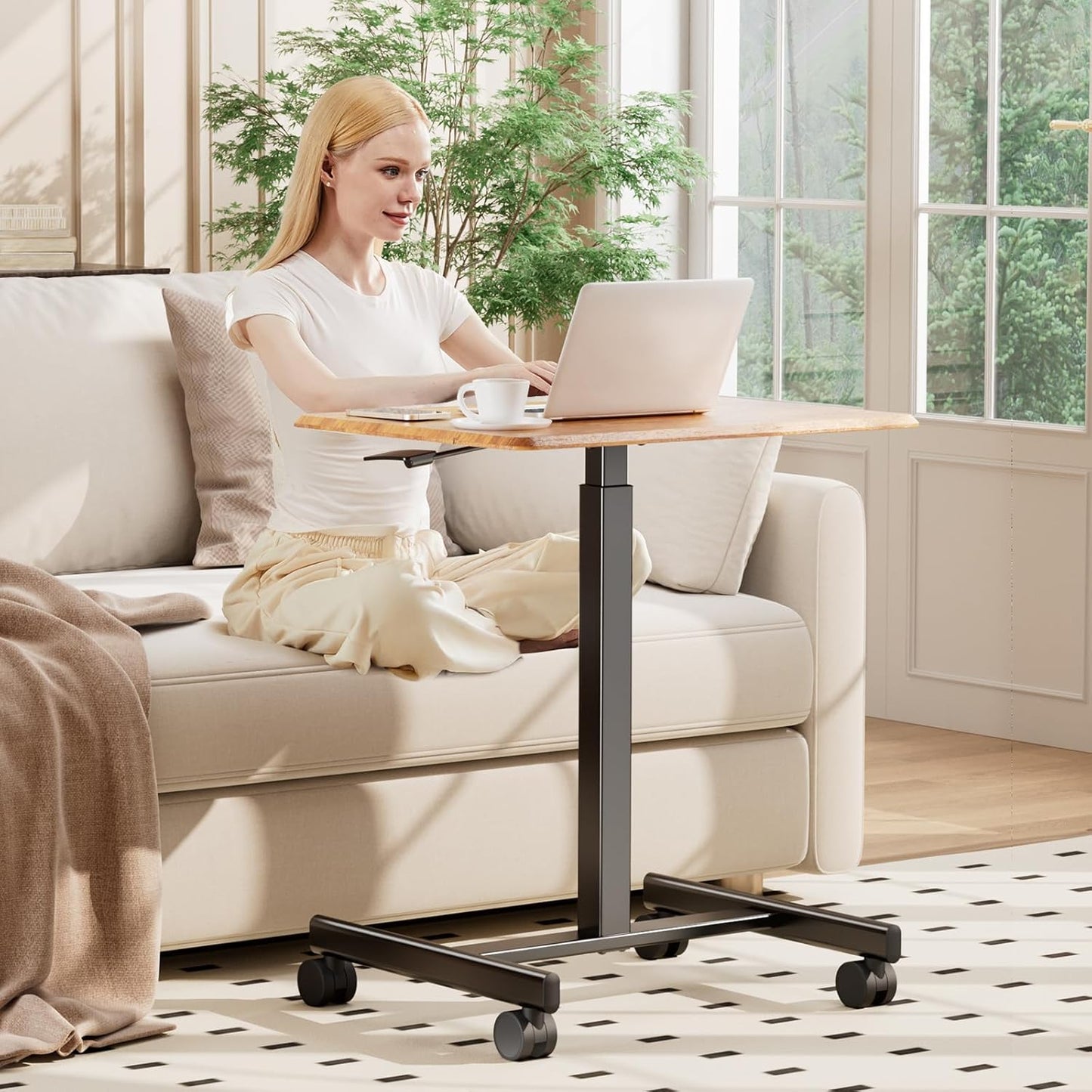 DUMOS Small Standing Desk Mobile Portable Rolling Laptop PC Table on Wheels Adjustable Height Computer Workstation for Home Office, 19 Inch, Modern Brown