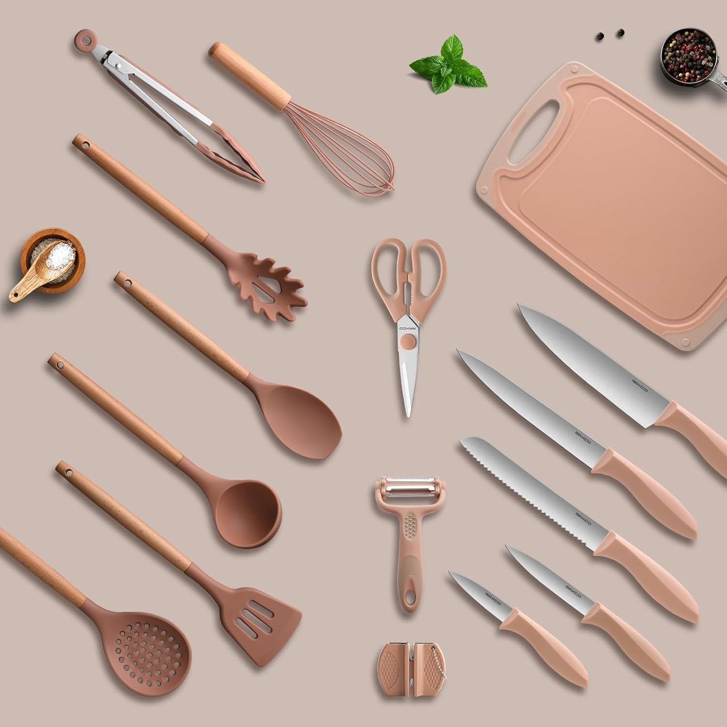 RAXCO Utensil Sets,18-Piece Silicone Cooking Utensils and Kitchen Accessories with Holder,Mousse