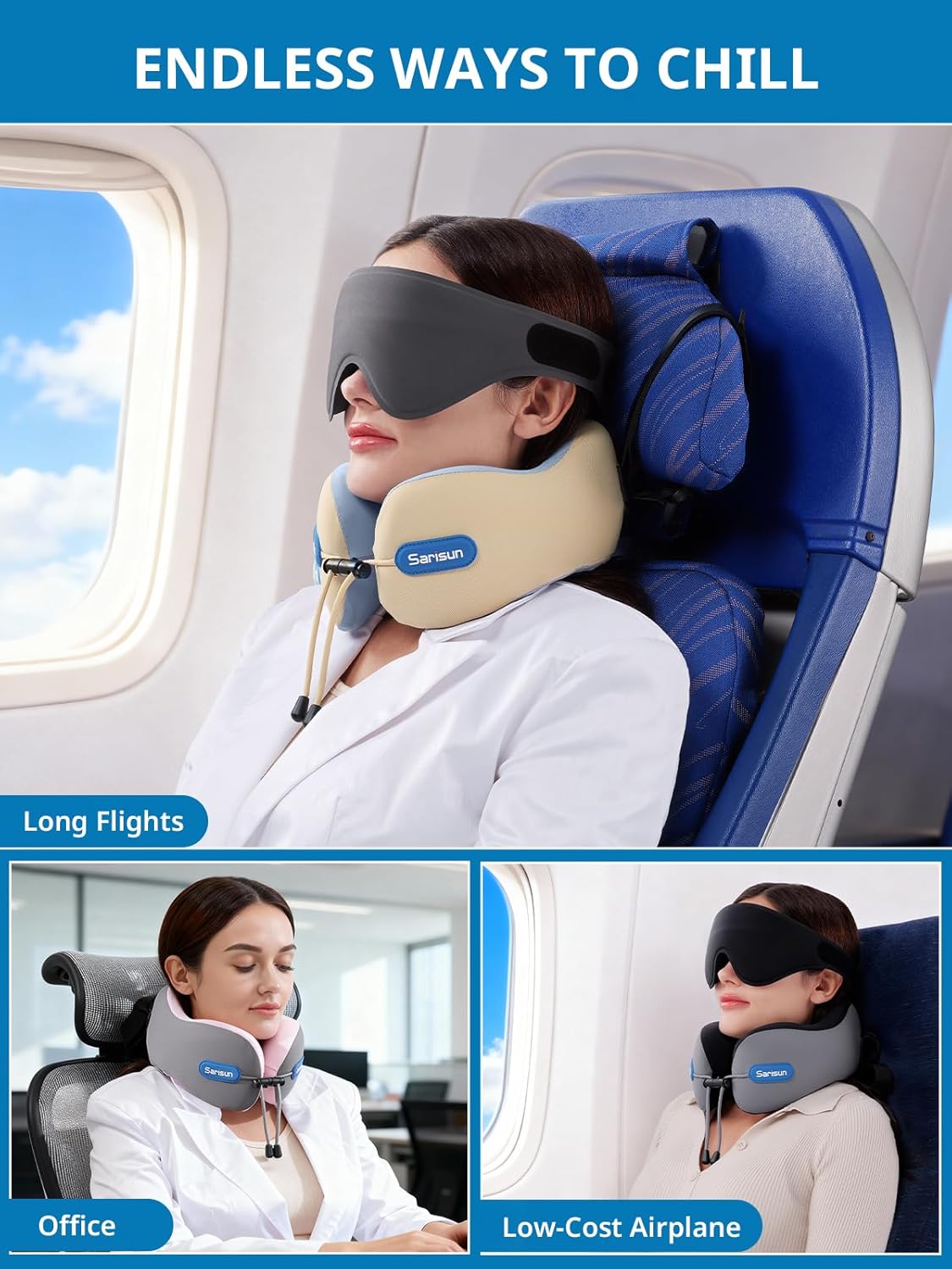 SARISUN Travel Pillow for Airplane,Neck Pillow with Strap,Combo 3D Eye Mask for Sleep,Dual-Density Supportive Foam Travel Neck Pillow for Airplane Flights,Car Road Trip Travel Essentials Pink