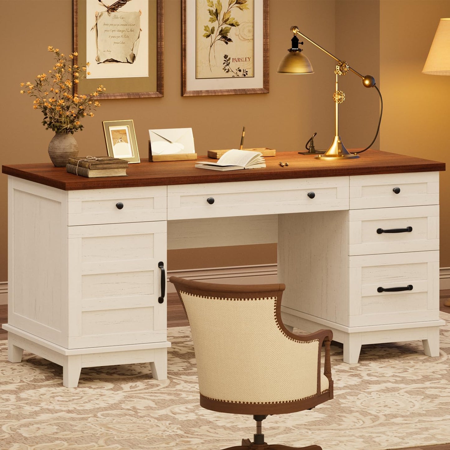 GarveeHome Executive Desk with File Drawers, Farmhouse Home Office Desk with Charging Station, 60 in Wooden Computer Desk with Cabinet Storage for Work Study Writing, White Walunt
