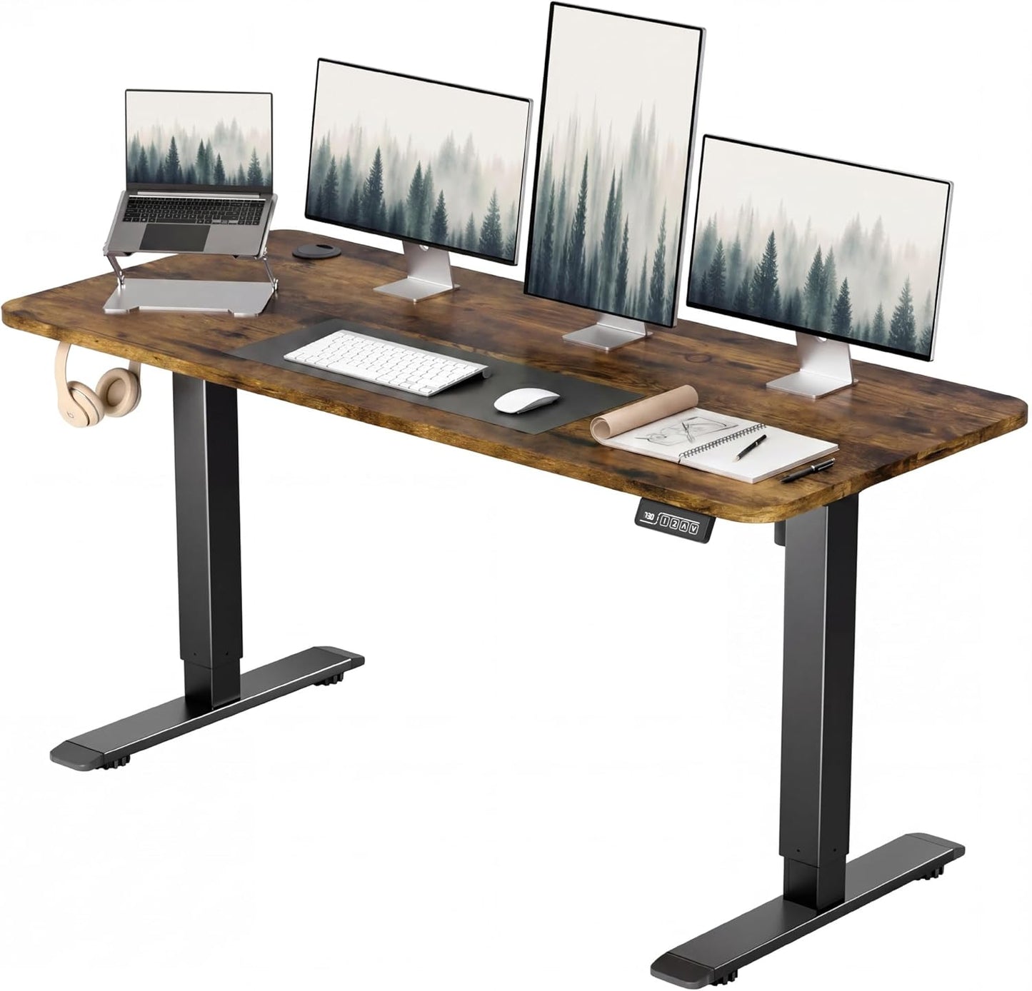 Furmax Electric Height Adjustable Standing Desk Large 55 x 24 Inches Sit Stand up Desk Home Office Computer Desk Memory Preset with T-Shaped Metal Bracke, Brown