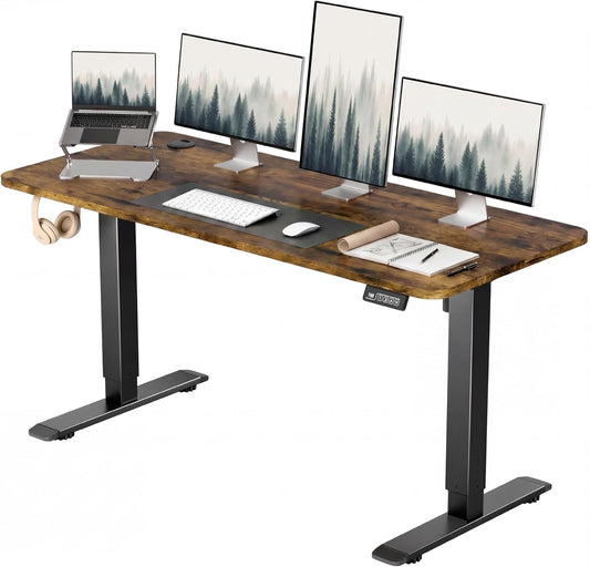 Furmax Electric Height Adjustable Standing Desk Large 55 x 24 Inches Sit Stand up Desk Home Office Computer Desk Memory Preset with T-Shaped Metal Bracke, Brown