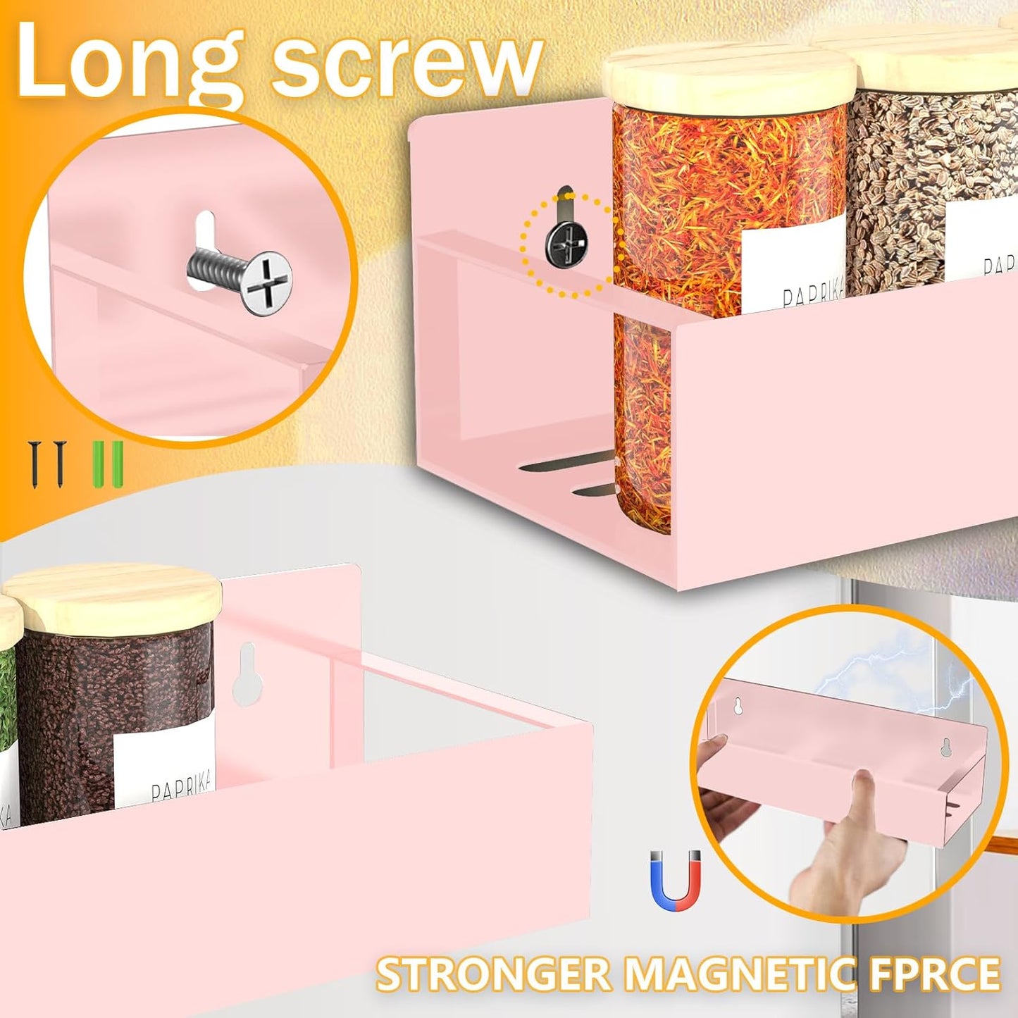 SMRCAD Magnetic Spice Rack Organizer for Fridge Seasoning Organizer for Kitchen storage with Screw Magnetic Shelf with Hook for Refrigerator and Oven (4pack1hook-Pink)