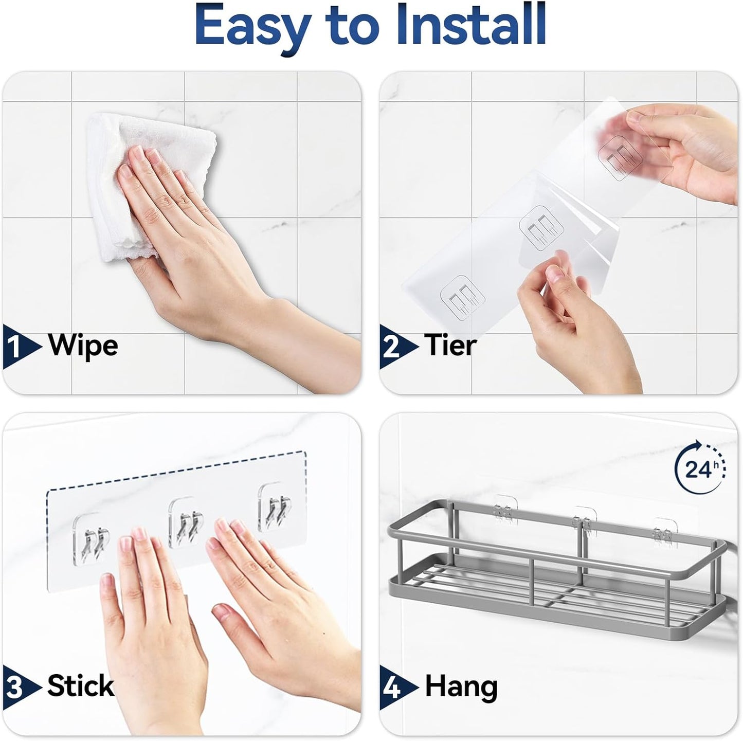 YASONIC Shower Caddy Adhesive, No Drill Bathroom Shower Organizers, with Removable Hooks, Rust Proof Shower Shelves, Wall-Mounted Shower Holder, Grey, 2 Pack