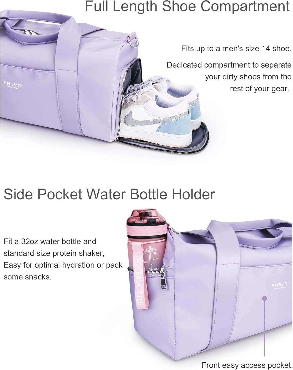 19" Purple Personal Gym Bag for Women,with Shoe Compartment & Wet Pocket