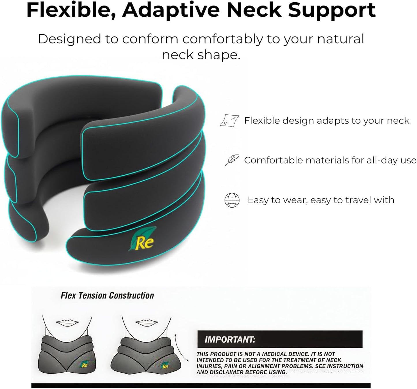 Caldera International - Releaf® Neck Rest – Soft Neck Brace for Neck Pain and Support, Comfortable Neck Brace for Sleeping, Cervical Collar Neck Support Brace for Travel, Reading - Medium, Black