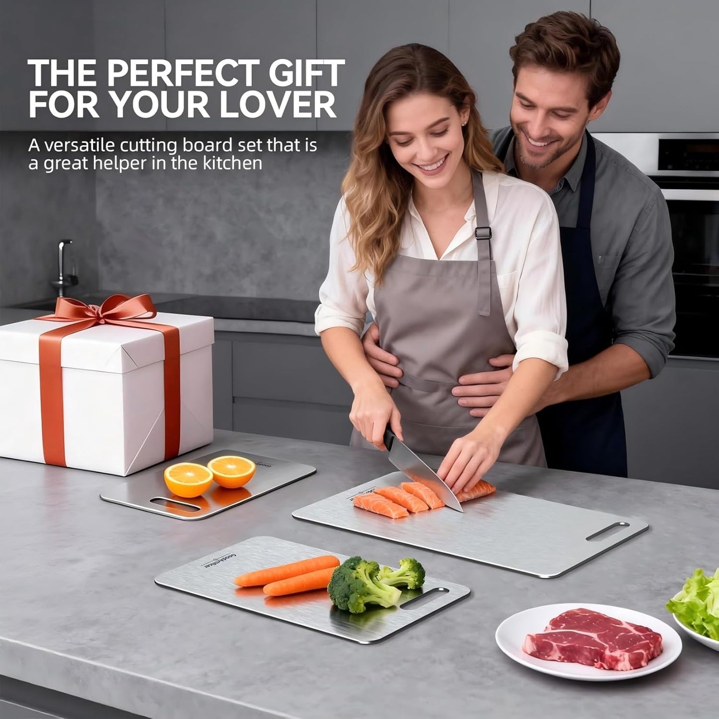 Titanium Cutting Boards Set of 3, 100% Pure Titanium Kitchen Cutting Board, Double-Sided Non-Toxic Cutting Board, Ideal for Slicing and Dicing Meats, Features Handle, Dishwasher Safe