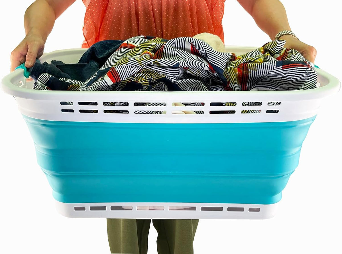 SAMMART 42L (11 Gallons) Collapsible Plastic Laundry Basket - Foldable Pop Up Storage Container/Organizer - Portable Washing Tub - Space Saving Hamper/Basket (White/Ceramic Blue)