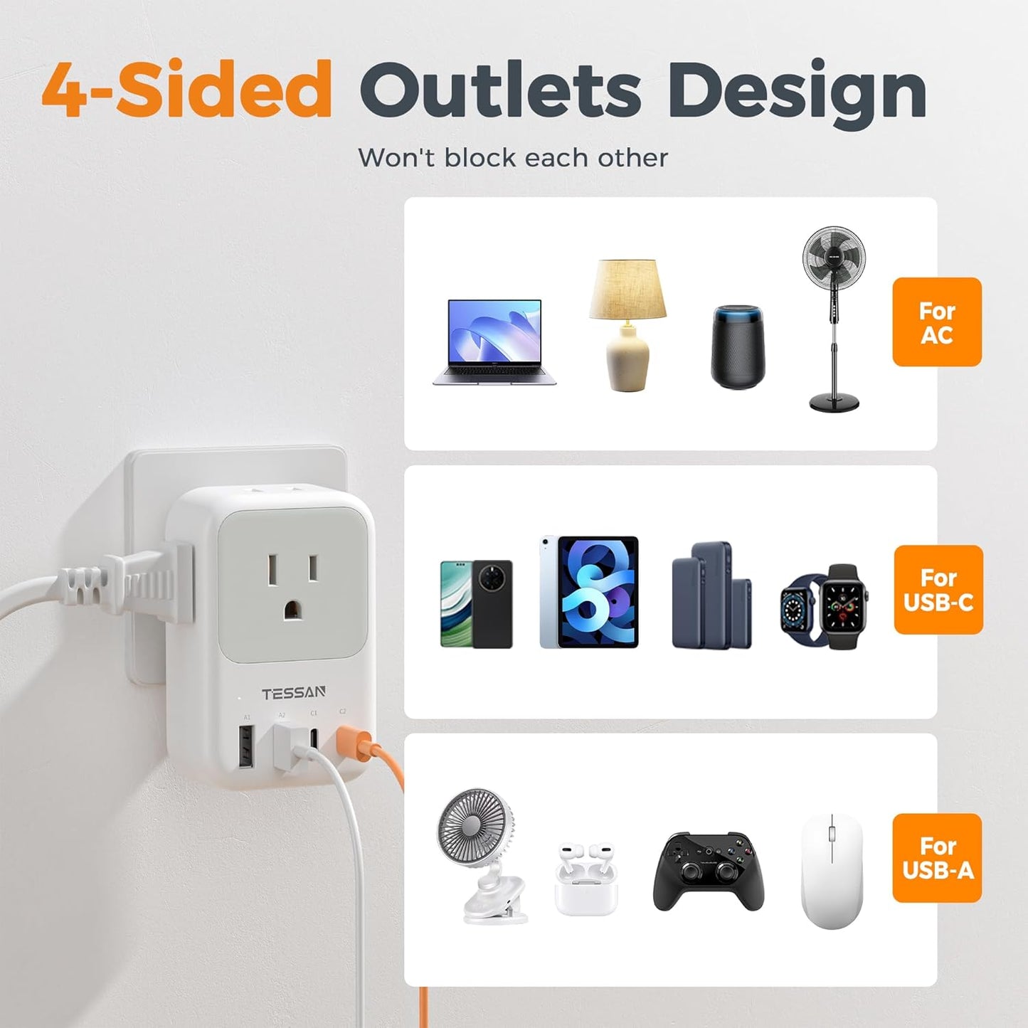 TESSAN USB C Charger Block 20W PD, Fast Charging Adapter with Foldable Plug, 1875W Power Outlet Extender(4 AC and 4 USB) for Cruise, Home, Office, Dorm Room Essentials, Grey