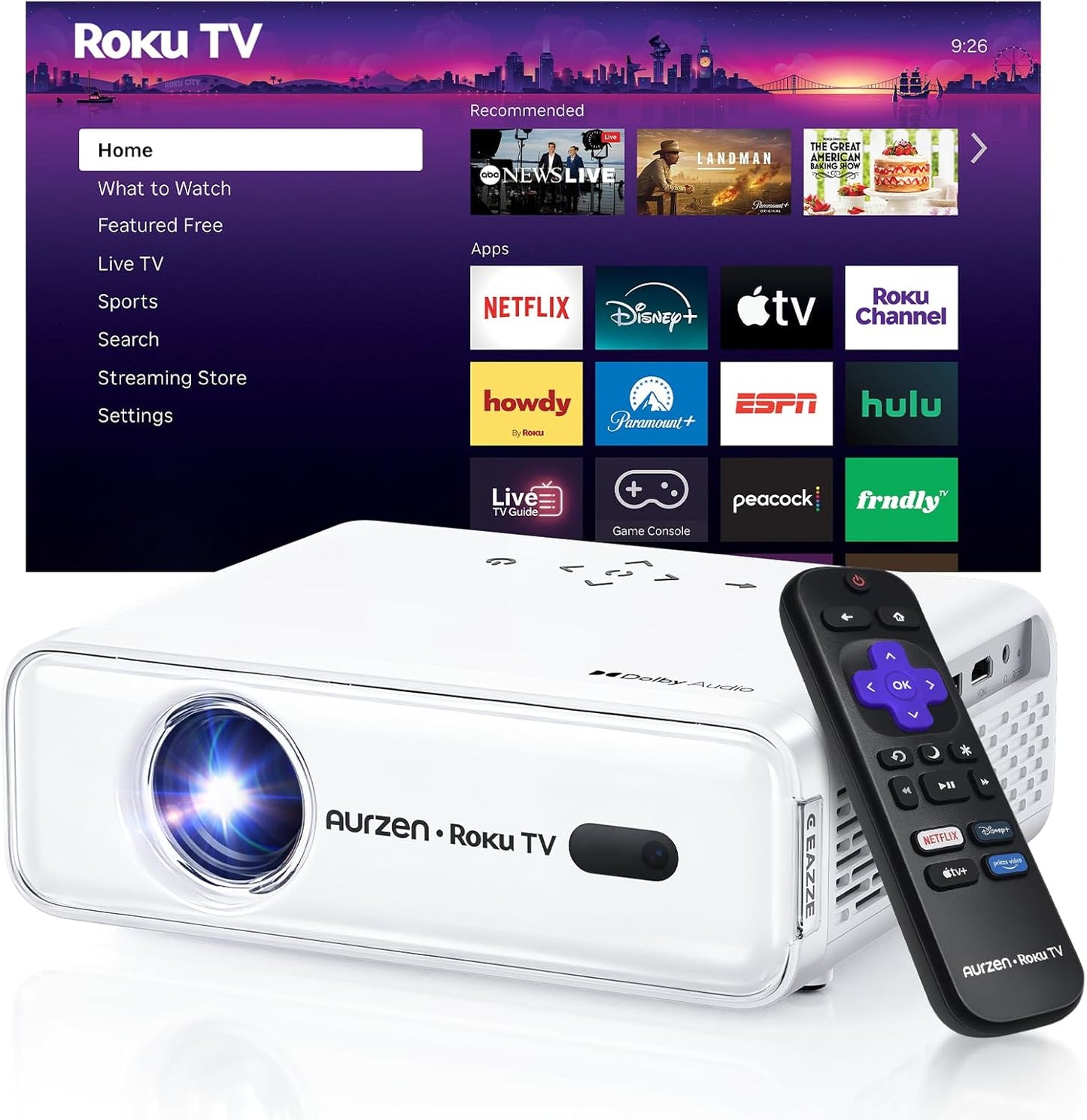 Aurzen Roku TV Smart Projector with Wifi and Bluetooth, Roku TV Built-in, 1080P FHD, DoIby Audio, Auto Focus & Keystone, Zoom, Movie Portable Outdoor Mini Projector for Soccer Football Game, White