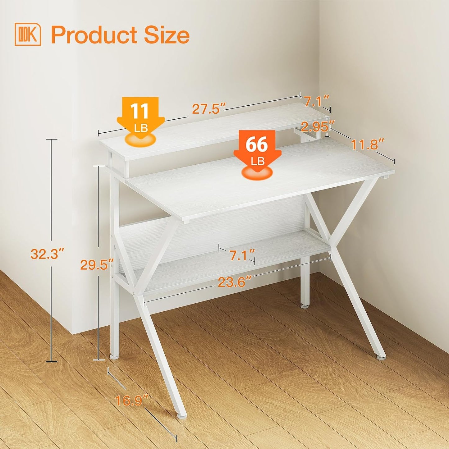 ODK Small Computer Desk, 27.5 inch Desk for Small Spaces with Storage, Compact Table with Monitor & Storage Shelves for Home Office, Modern Style Laptop Desk, Pure White