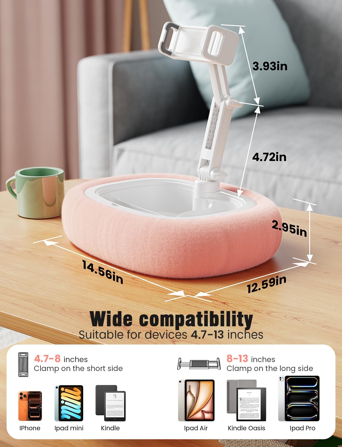 Tablet Kindle Pillow Stand Holder Free Adjustment with 3 Divided Trays Fit 4''-13'' Phone Kindle iPad Holder Stand Ultra Stable for Bed Soft Plus Fabric Dust Cover Lap Desk Kindle Accessories Pink