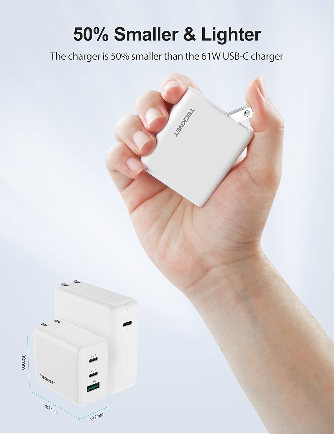 TECKNET 65W GaN Wall Charger PD 3.0 USB-C Fast Charger,3-Port Foldable Travel Adapter for iPhone 16 Pro Max/16 Pro/16 Plus/16/15/Galaxy S24/S25/MacBook Pro/Switch and More Series(White)