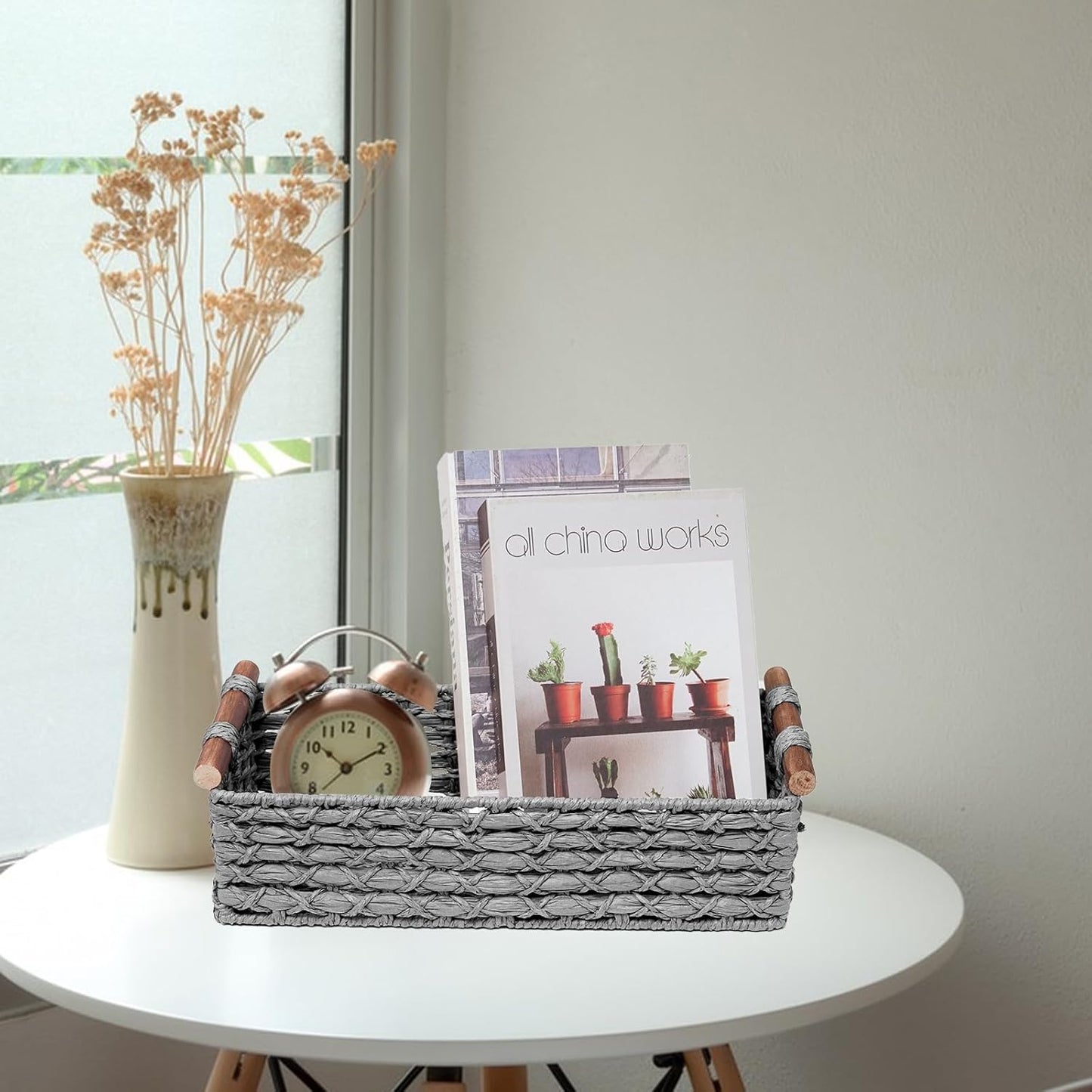 Small Storage Basket Wicker Baskets for Organizing with Handle Decorative Storage Bin for Countertop Toilet Paper Basket for Toilet Tank Top Small Baskets,Light Grey