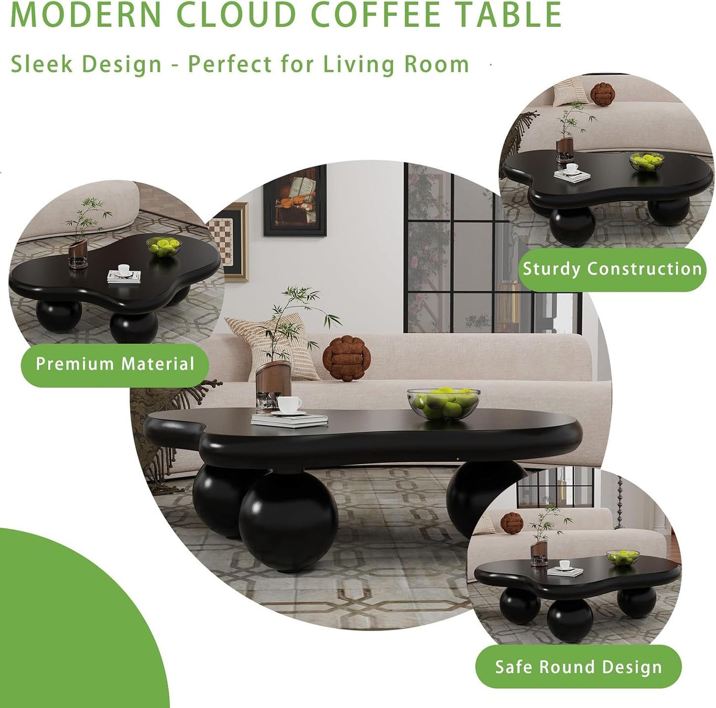 Modern Cloud Shaped Coffee Table | Irregular Aesthetic Cocktail Table for Living Room, Retro Black Finish Accent Table, Designer Furniture for Small Space