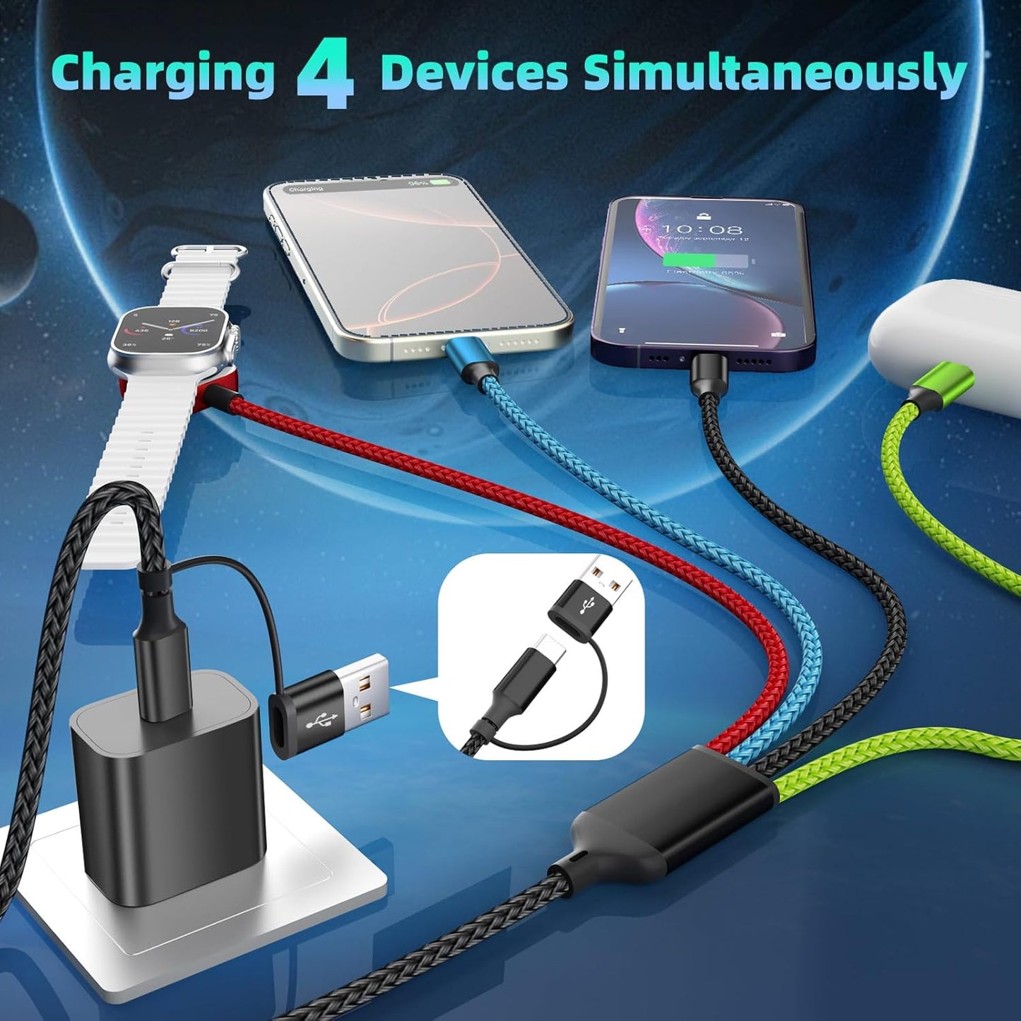 Travel Essentials 2026 4-in-2 Multi Charging Cable with iWatch Charger [2Pack 5FT], Nylon Charging Cords, USB C USB A Phone Charger for Multiple Devices, Cruise Essentials Car Accessories