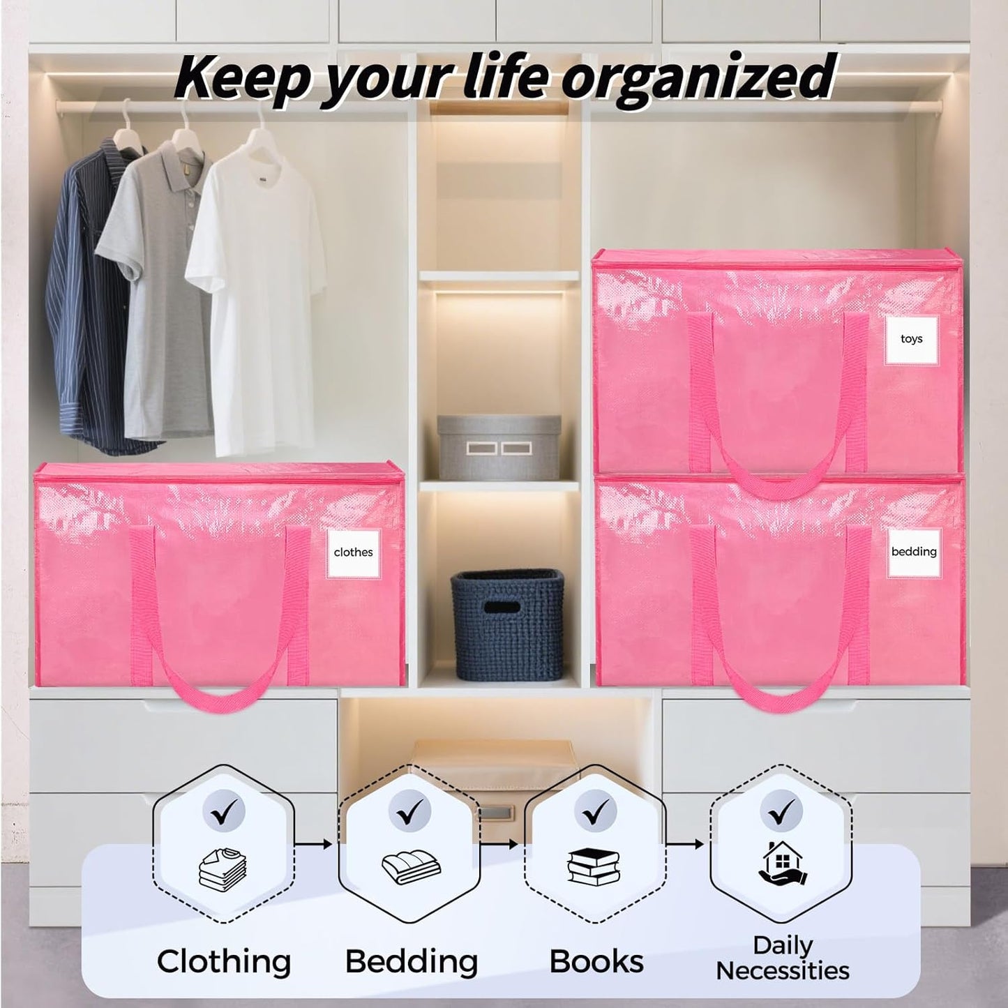 8 Pack Extra Large Heavy Duty Moving Bags, Pink Storage Bins with Lids, Reinforced Handles & Heavy-Duty Zippers Moving Boxes Storage Bags Totes for Clothes Packing, Dorms, College Supplies, Pink