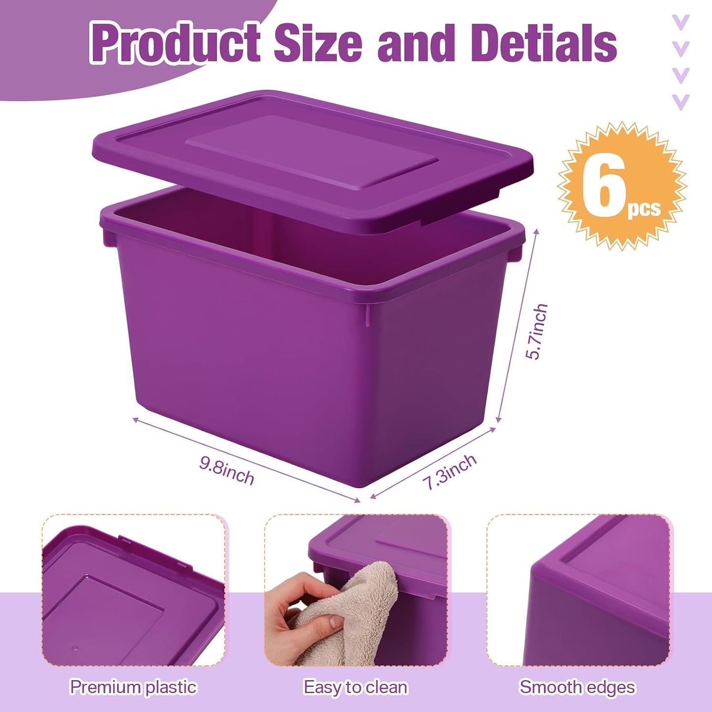 Potchen 6 Pack Small Stackable Storage Bins with Lids Plastic Storage Boxes for Classroom 9.8" ×7.3" ×5.7" Decorative Organizer Bins for Craft Art Office Teacher Supplies (Colorful)