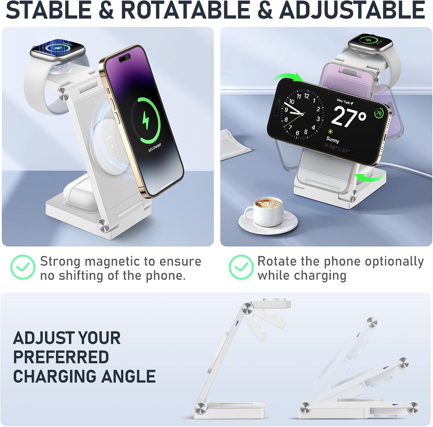 Magnetic Wireless Charger Stand, 3 in 1 Foldable Wireless Charging Station with 20W Adapter, Travel Charger for Multiple Devices for iPhone 16 15 14 13 12 Pro/Max/Plus/Mini, iWatch, AirPods