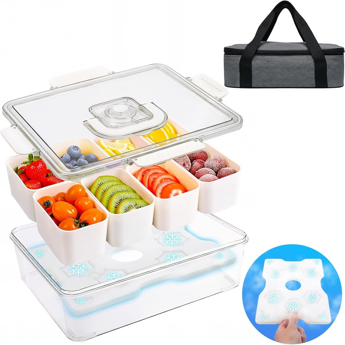 Portable Snackle Box Container with Ice Pack,Snack Container Divided Serving Tray Insulated Bag, Cooling Travel Snacklebox with Lid & Handle,8 Compartment Chilled Serving Tray for Beach,Outdoor,Picnic