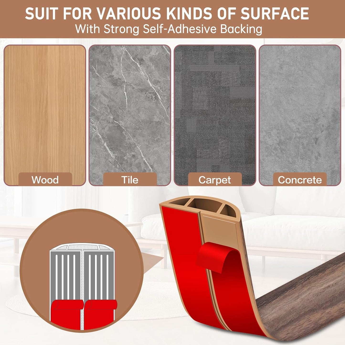 LSGCQ Floor Cord Cover Self Adhesive Cord Hider Floor Cable Management | Cord Covers for Wires on Floor Cable Cover, Prevent Cable Trips, Cable Cavity 0.47" W x 0.27" H, 10Ft, Smoked Brown Wood