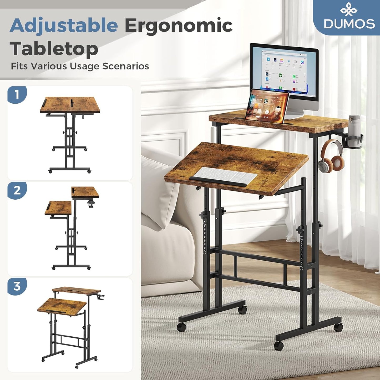 DUMOS Split Top Rolling Standing Desk, 23.6" Mobile Laptop Desk, Manual Height Adjustable Workstation on Wheels, Sit Stand Office Table, Walking Pad Study Desk, Rustic Brown