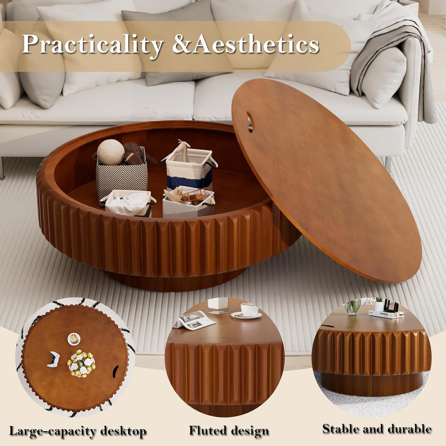 31.5" Round Drum Fluted Coffee Table (L31.5IN) | Mid-Century Modern, Easy Assembly, Sturdy Pedestal, Center Tables for Apartment Living Room