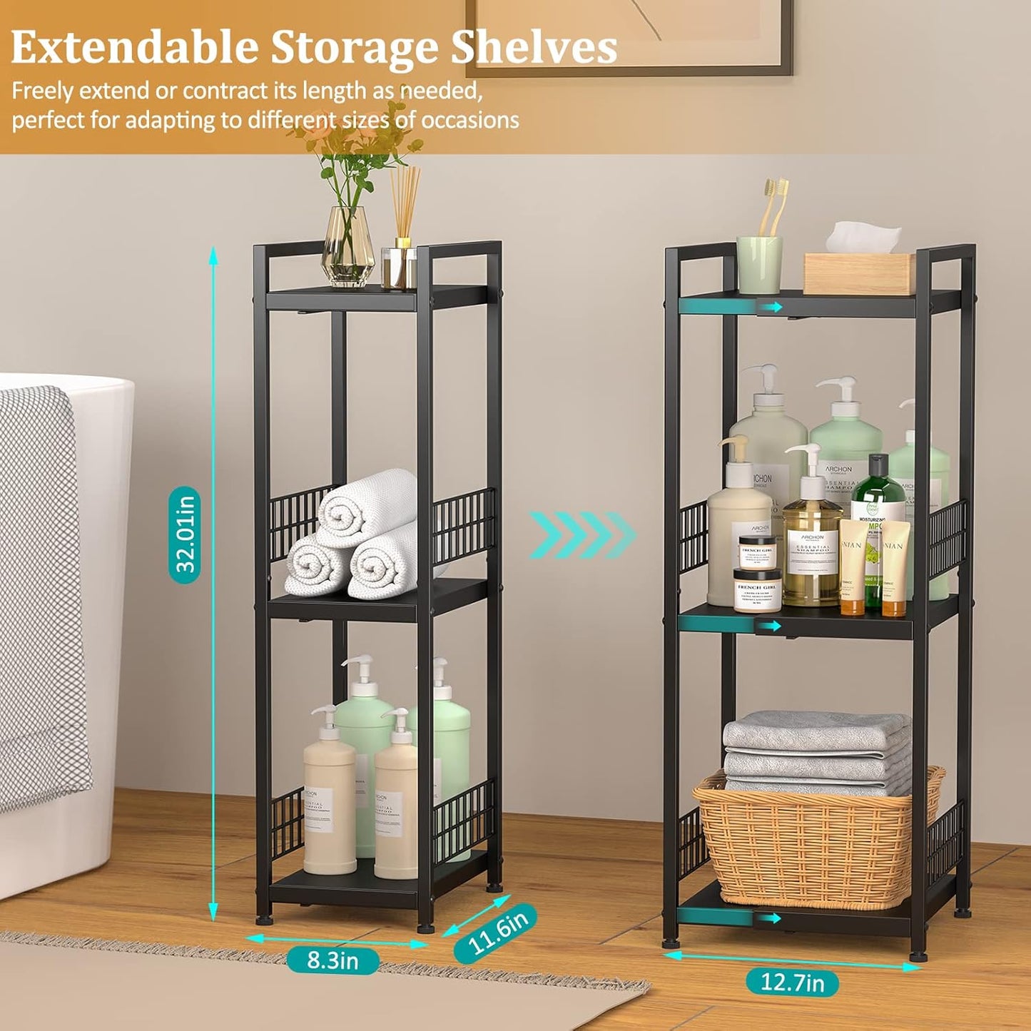 DAOUTIME 3-Tier Metal Shelving Unit, Expandable, Free-Standing, Narrow, Open Floor Shelves, Ideal for Bathroom, Kitchen, Laundry, Storage, Organization