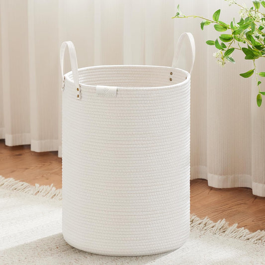 VIPOSCO 58L Tall Woven Rope Laundry Hamper, Leather Handles, White
