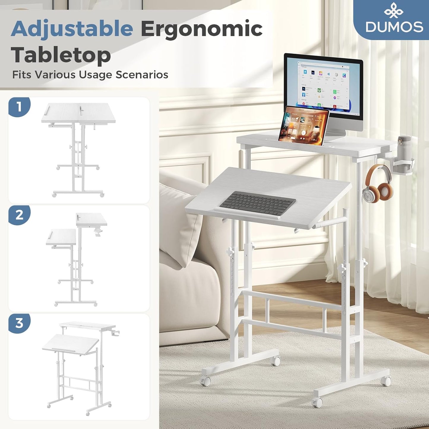 DUMOS Split Top Rolling Standing Desk 23.6 Inch Mobile Laptop Workstation Manual Height Adjustable Sit Stand Office Table Walking Pad Study Surface Portable Home Office Computer Cart White